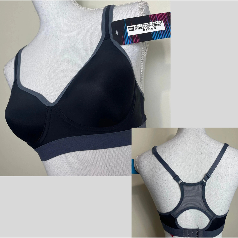 SIZE 32B Youmita Athletic Sports Bra PADDED Wireless Keyhole Racerback BLACK-GRY